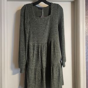 Olive Green Ribbed Long-Sleeve Tiered Dress